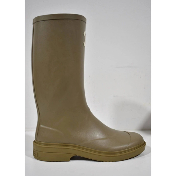 Chanel REV Dark Beige Caoutchouc White CC Logo High Pull On Rubber Rain Boots 36 - Picture 2 of 12